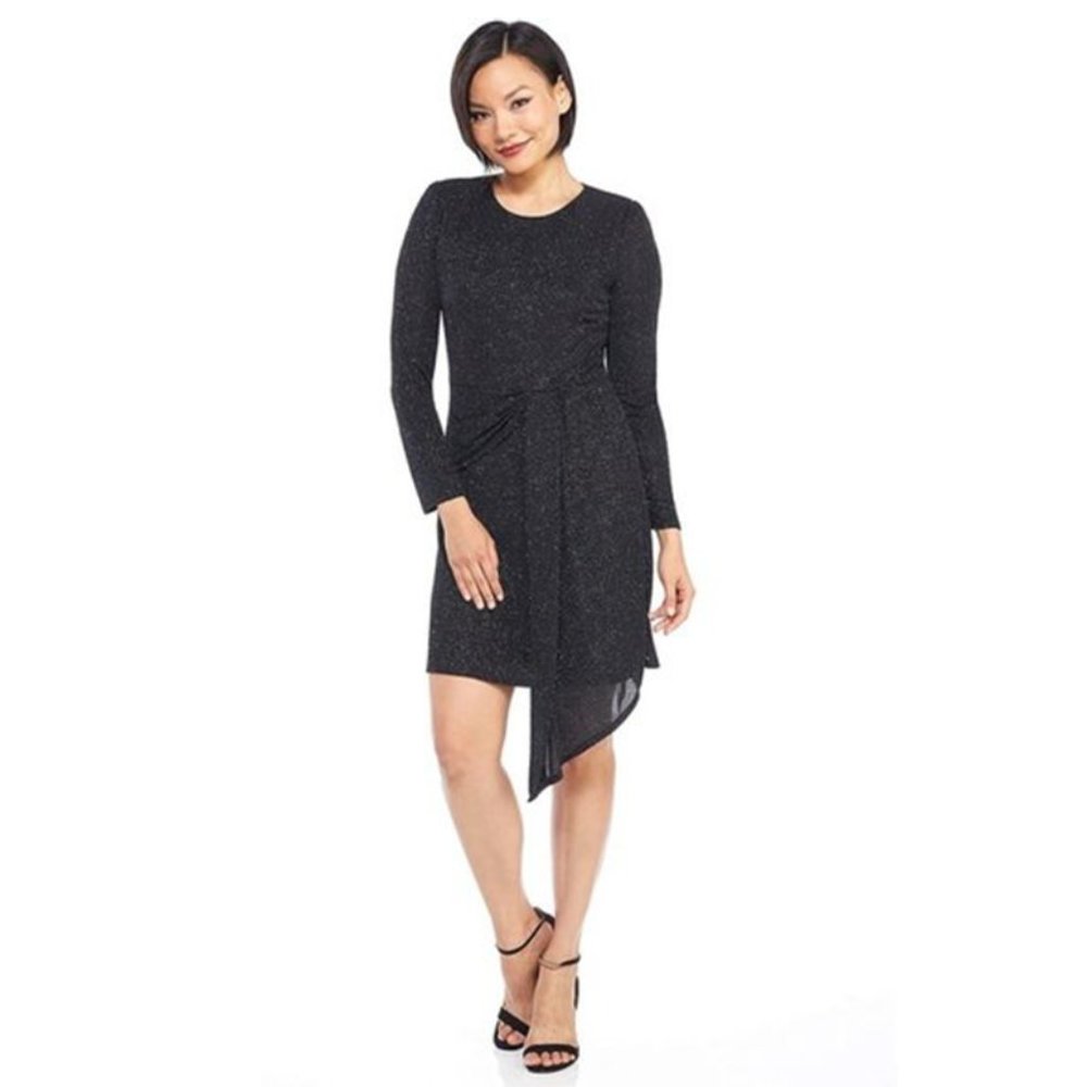 NWT Maggy London Aurora Glitter Faux Wrap Long Sleeve Cocktail Dress Black 8